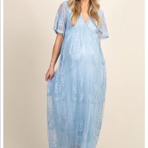 Pink Blush Lace Mesh Overlay Maternity Maxi Dress